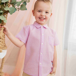 Baby Kids Bamboo Pajamas — Pink Gingham Boys Short Sleeve Button Down Shirt — Image 1