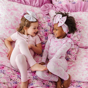 Baby Kids Bamboo Pajamas — Blush in Bloom Reversible Ruffled Duvet Cover Set — Image 1