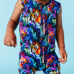 Baby Kids Bamboo Pajamas — Easy Tiger Sleeveless Shortie Romper — Image 1