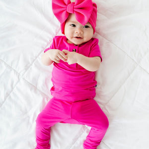 Baby Kids Bamboo Pajamas — Flamingo Pink Short Sleeve Two-Piece Button Set — Image 1