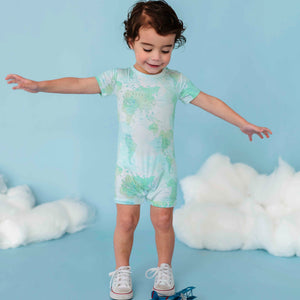 Baby Kids Bamboo Pajamas — For What It's Earth Shortie Romper - Green — Image 1