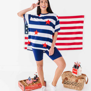 Baby Kids Bamboo Pajamas — Freedom Stripe Women's Oversized T-Shirt and Biker Shorts Set — Image 1