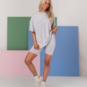 Baby Kids Bamboo Pajamas — Heather Grey Women's Oversized T-Shirt and Biker Shorts Set — Image 1