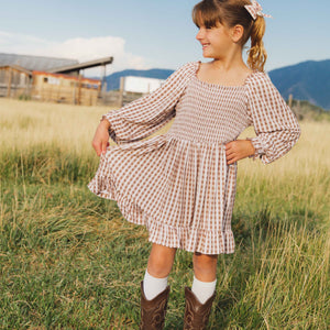 Baby Kids Bamboo Pajamas — Gingham Style Smocked Balloon Sleeve Dress — Image 1