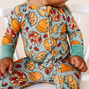 Baby Kids Bamboo Pajamas — Gobble 'til You Wobble Convertible Romper - Green — Image 1
