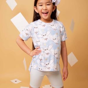 Baby Kids Bamboo Pajamas — Harry Potter™ Hedwig's Sky Mail Girls Oversized T-Shirt & Biker Shorts Set — Image 1