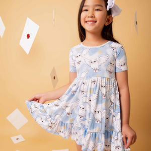Baby Kids Bamboo Pajamas — Harry Potter™ Hedwig's Sky Mail Short Sleeve Dress & Shorts Set — Image 1