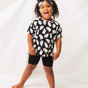 Baby Kids Bamboo Pajamas — Here Ghost Nothing Girls Oversized T-Shirt & Biker Shorts Set — Image 1