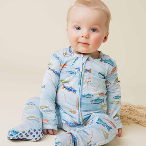 Baby Kids Bamboo Pajamas — Holy Carp Footie — Image 1
