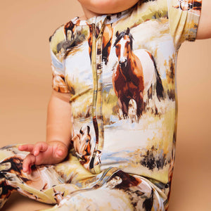 Baby Kids Bamboo Pajamas — Horse of Course Short Sleeve Romper — Image 1