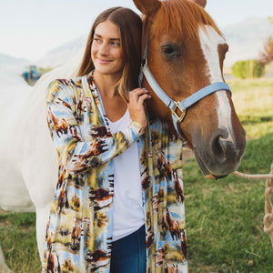 Baby Kids Bamboo Pajamas — Horse of Course Women's Open Front Long Sleeve Cardigan — Image 1