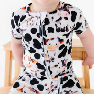 Baby Kids Bamboo Pajamas — In a Good Moo-D Short Sleeve Romper — Image 1