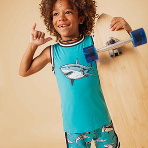 Baby Kids Bamboo Pajamas — Shark Week™ Jaws & Effect Jersey Top with Shorts — Image 1