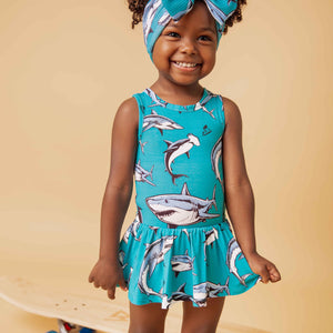 Baby Kids Bamboo Pajamas — Shark Week™ Jaws & Effect Racer Back Ruffle Dress — Image 1