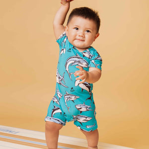 Baby Kids Bamboo Pajamas — Shark Week™ Jaws & Effect Shortie Romper — Image 1