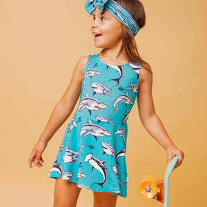 Baby Kids Bamboo Pajamas — Shark Week™ Jaws & Effect Sleeveless Twistback Dress — Image 1