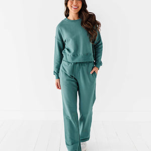 Baby Kids Bamboo Pajamas — Women's Cropped Sweatshirt & Wide Leg Jogger Pants Set - Teal — Image 1
