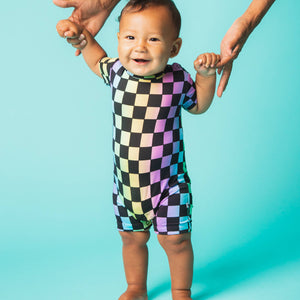 Baby Kids Bamboo Pajamas — Checkered Charm Shortie Romper — Image 1