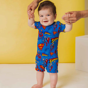 Baby Kids Bamboo Pajamas — SUPERMAN™ Kryptonite Crusher Shortie Romper — Image 1