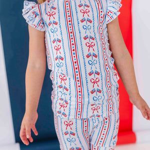 Baby Kids Bamboo Pajamas ā Liberty & Bows for All Cap Sleeve Two-Piece Shorts Set ā Image 1