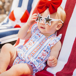 Baby Kids Bamboo Pajamas ā Liberty & Bows for All Peplum One Piece Swimsuit ā Image 1