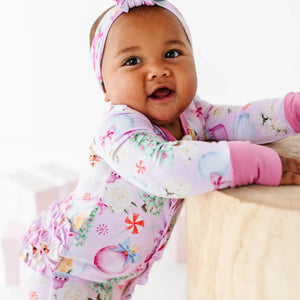 Baby Kids Bamboo Pajamas — Merry Little Pinkmas Ruffle Footie — Image 1
