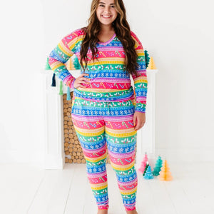 Baby Kids Bamboo Pajamas — Merry and Bright Women's Long Sleeve V-Neck T-Shirt — Image 1