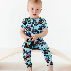 Baby Kids Bamboo Pajamas — Trucks Are My Jam Short Sleeve Romper — Image 1