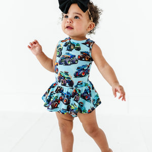 Baby Kids Bamboo Pajamas — Trucks Are My Jam Racer Back Ruffle Dress — Image 1