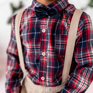 Baby Kids Bamboo Pajamas — Bamboo Linen Button Down Shirt - Navy & Red Plaid — Image 1