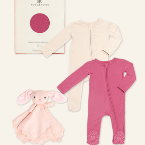 Baby Kids Bamboo Pajamas — Plum Pickin’ + Knitted Bunny Lovey Essential Bundle — Image 1