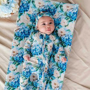 Baby Kids Bamboo Pajamas — Once in a Blue Bloom Changing Pad Cover — Image 1