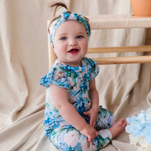 Baby Kids Bamboo Pajamas — Once in a Blue Bloom Cap Sleeve Romper — Image 1