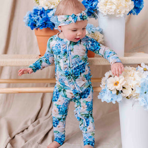 Baby Kids Bamboo Pajamas — Once in a Blue Bloom Convertible Ruffle Romper — Image 1