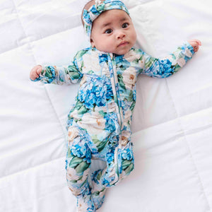 Baby Kids Bamboo Pajamas — Once in a Blue Bloom Ruffle Footie — Image 1