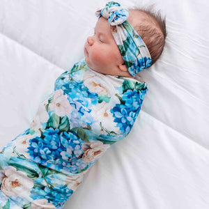 Baby Kids Bamboo Pajamas — Once in a Blue Bloom Swaddle & Headwrap Set — Image 1