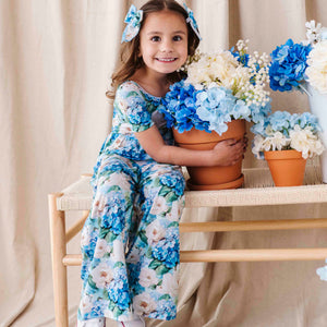 Baby Kids Bamboo Pajamas — Once in a Blue Bloom Short Sleeve Wide Leg Jumpsuit — Image 1