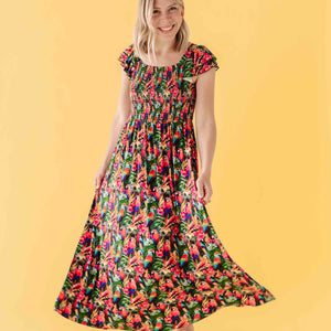Baby Kids Bamboo Pajamas — Parrot-ise Found Women's Flutter Sleeve Smocked Maxi Dress — Image 1