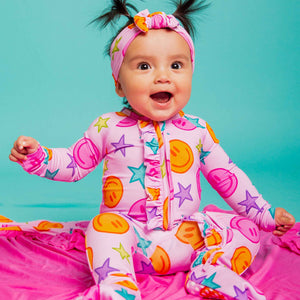 Baby Kids Bamboo Pajamas — Peachy Power Convertible Ruffle Romper — Image 1