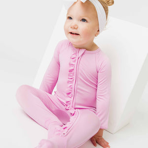 Baby Kids Bamboo Pajamas — Mauve Over, Pink Convertible Ruffle Romper — Image 1