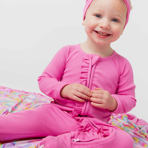 Baby Kids Bamboo Pajamas — Pinky Promise Ribbed Convertible Ruffle Romper — Image 1