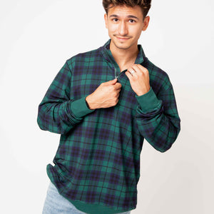 Baby Kids Bamboo Pajamas — Plaid Tidings Men's 1/4 Zip Pullover Sweatshirt — Image 1