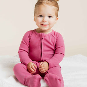 Baby Kids Bamboo Pajamas — Plum Pickin’ Ribbed Convertible Romper — Image 1