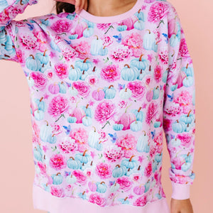 Baby Kids Bamboo Pajamas — Pretty Little Pumpkin Women's Crew Neck Sweatshirt — Image 1