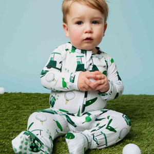Baby Kids Bamboo Pajamas — Putt Around & Find Out Convertible Romper — Image 1