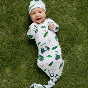 Baby Kids Bamboo Pajamas — Putt Around & Find Out Knotted Gown & Beanie Set — Image 1