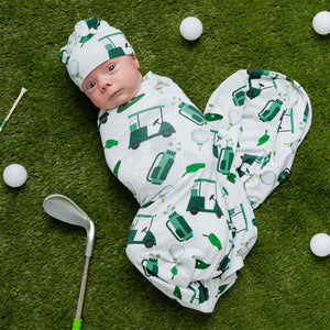 Baby Kids Bamboo Pajamas — Putt Around & Find Out Swaddle & Beanie Set — Image 1