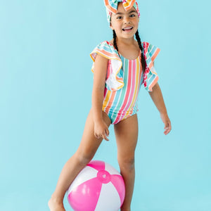 Baby Kids Bamboo Pajamas — Rainbow Reef Ruffle Sleeve Girls One Piece Swimsuit — Image 1