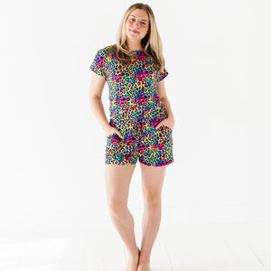 Baby Kids Bamboo Pajamas — Roarin' Rainbow Women's Shortie Romper — Image 1