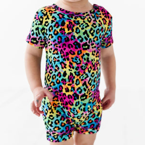 Baby Kids Bamboo Pajamas — Roarin' Rainbow Shortie Romper — Image 1